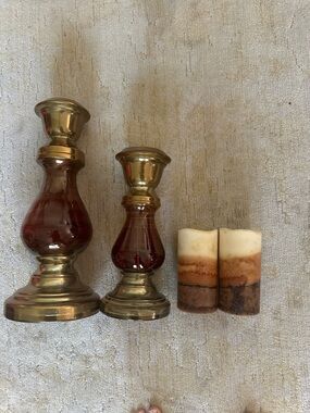 Brass and Amber Glass Candle Holders with Brown Gradient Pillar LED Candles